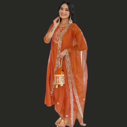 Orange Embroidered Vichitra Silk Kurta Set